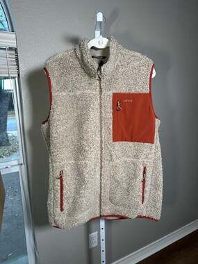 ORVIS Sherpa Fleece High Pile Vest Mens Large White, Tan Leather Trim Pocket